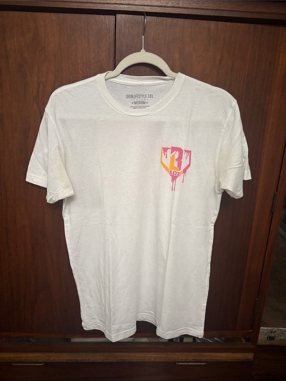 Lifestyle 101 White Short-Sleeve Tee with Pink & Yellow Chest Graphic